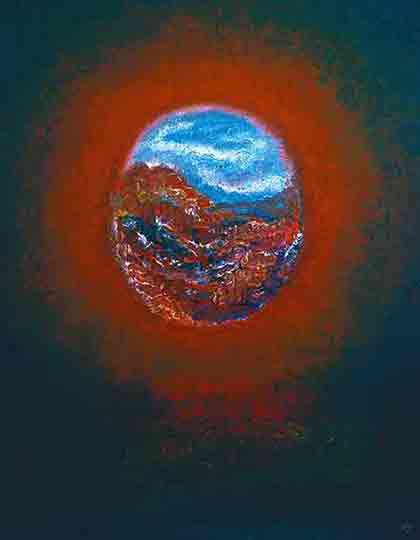 Brahma Egg - 1976 Oil Painting by Wiesław Sadurski, Red and Green Aura around Egg-Shaped Landscape.