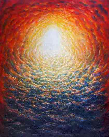 Creation - Abstract Landscape in Light by Wiesław Sadurski, blending white, yellow, and red hues in an outer space theme