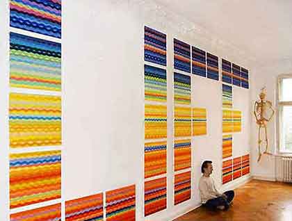 LIFE LIFE, multi-painting installation on 32 mounted cottons by Wieslaw Sadurski