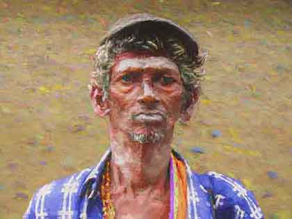 Indian Beggar portrait, tragic thin face, curly hair under cap on his head; by Wiesław Sadurski