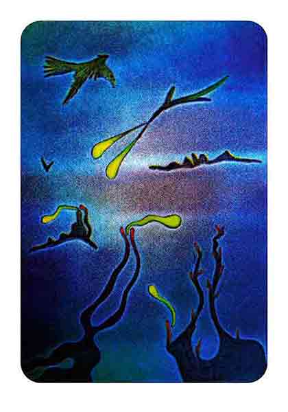 Bird and plant-like shapes; intensive blue space painted in many-layered puentylistic colors; print-painting