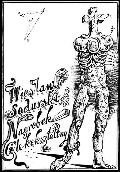 Black ink pen drawing: human-like shape, cross head; Cover for the book ‘Tombstone Human‘, Wiesław Sadurski