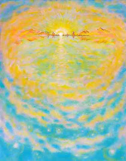 Golden-yellow cloud contain sunrise hills on horizon, reflected in waters; immersed in stellar space; Oil Painting