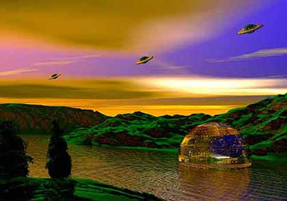 River landscape green hlills and great transparent structure on the river and three UFO‘s flying above at the dusk