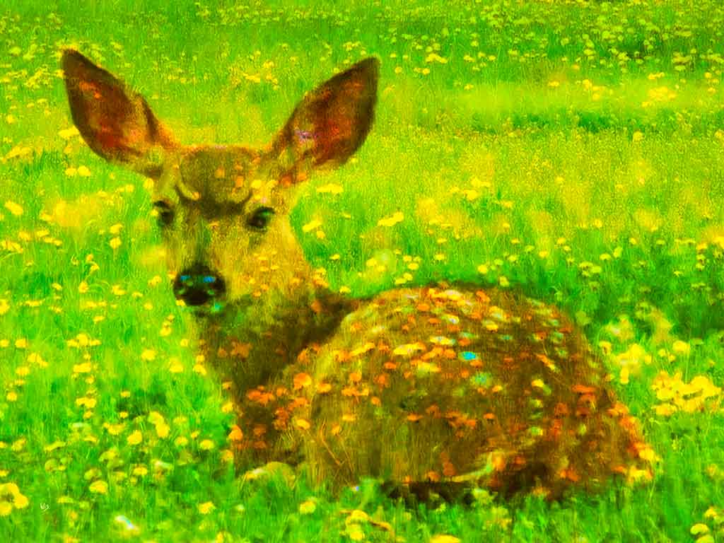 Baby deer adorned with yellow flowers, lying in a lush green meadow, painting by Wiesław Sadurski.