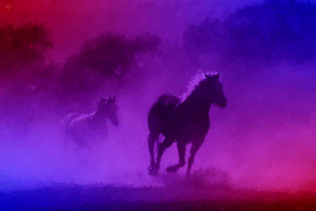 Twilight scene in shades of purple, depicting two horses galloping through fog, artwork by Wiesław Sadurski.