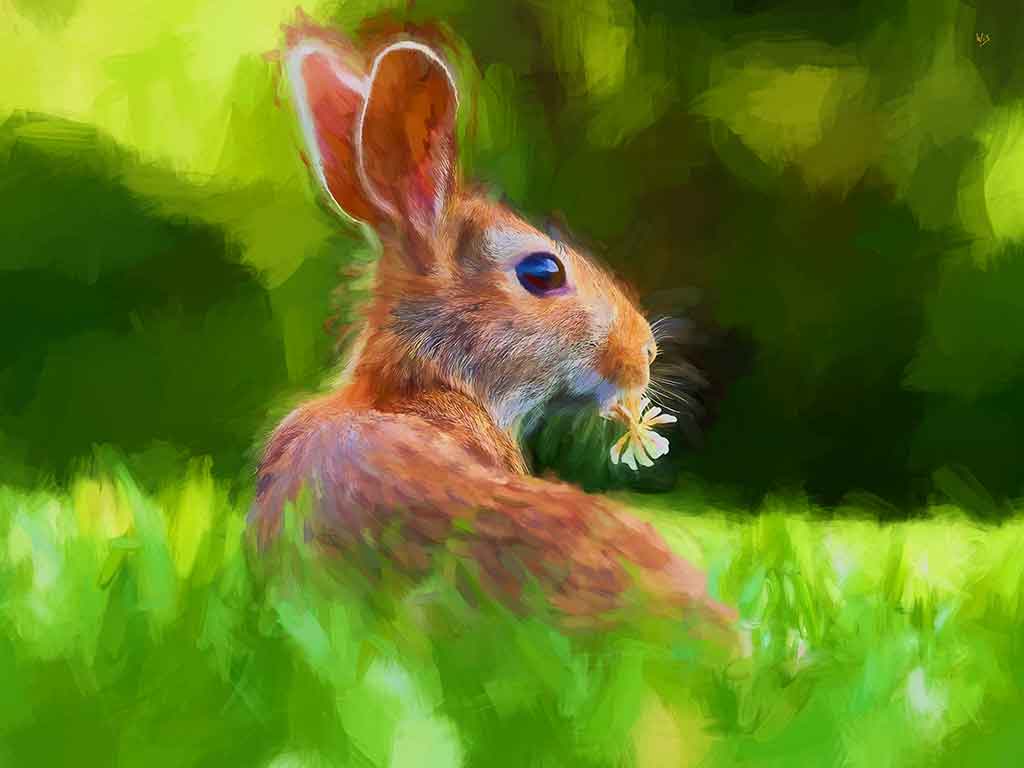A rabbit holding a flower in its mouth, set against an abstract green meadow landscape, artwork by Wiesław Sadurski.