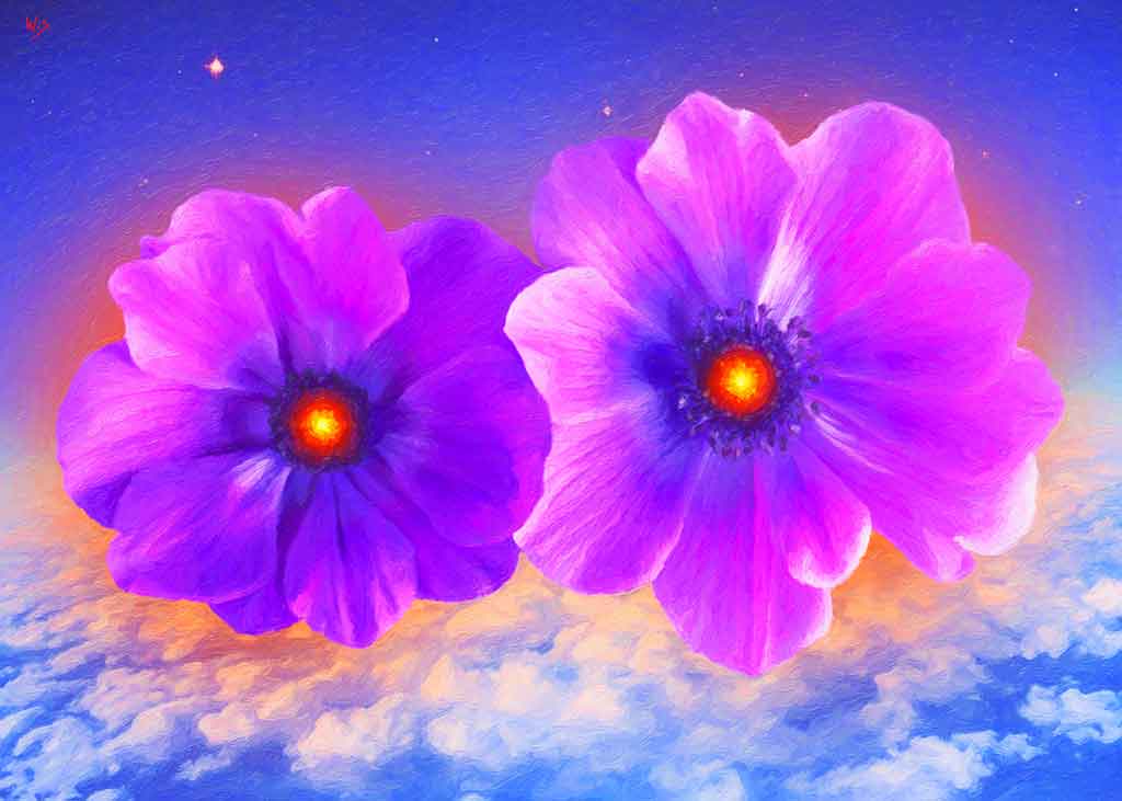 Two huge translucent purple flowers with small suns inside painted against a stratospheric blue sky; by Wiesław Sadurski.
