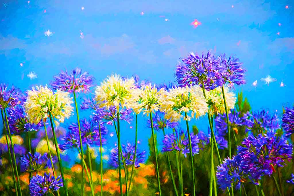 Yellow-white-blue flowers seen against the starry day sky; painting by Wiesław Sadurski