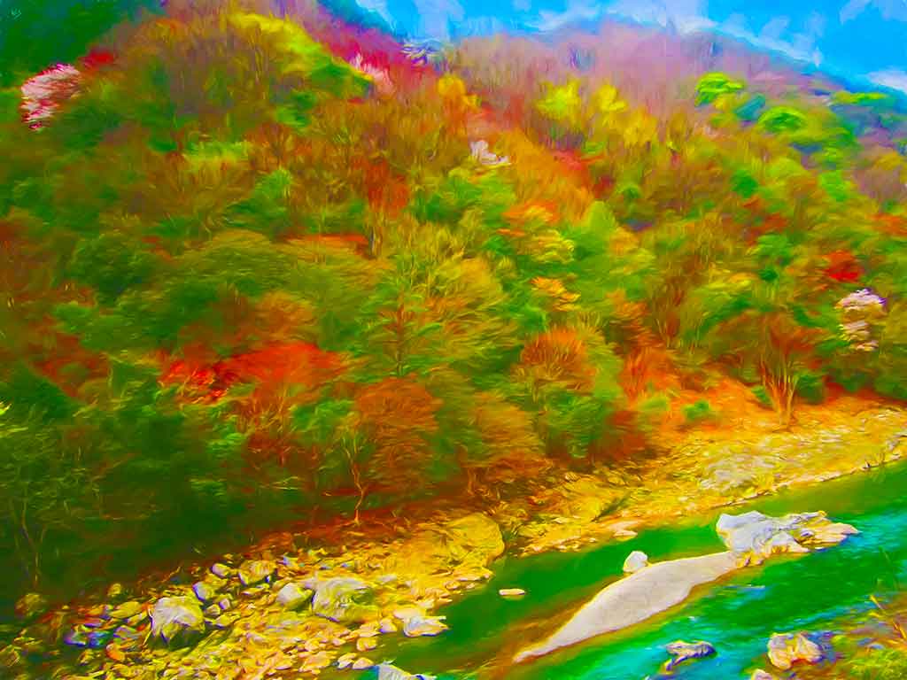 Green stream, yellow riverside, huge hills of green and blooming trees; by Wiesław Sadurski