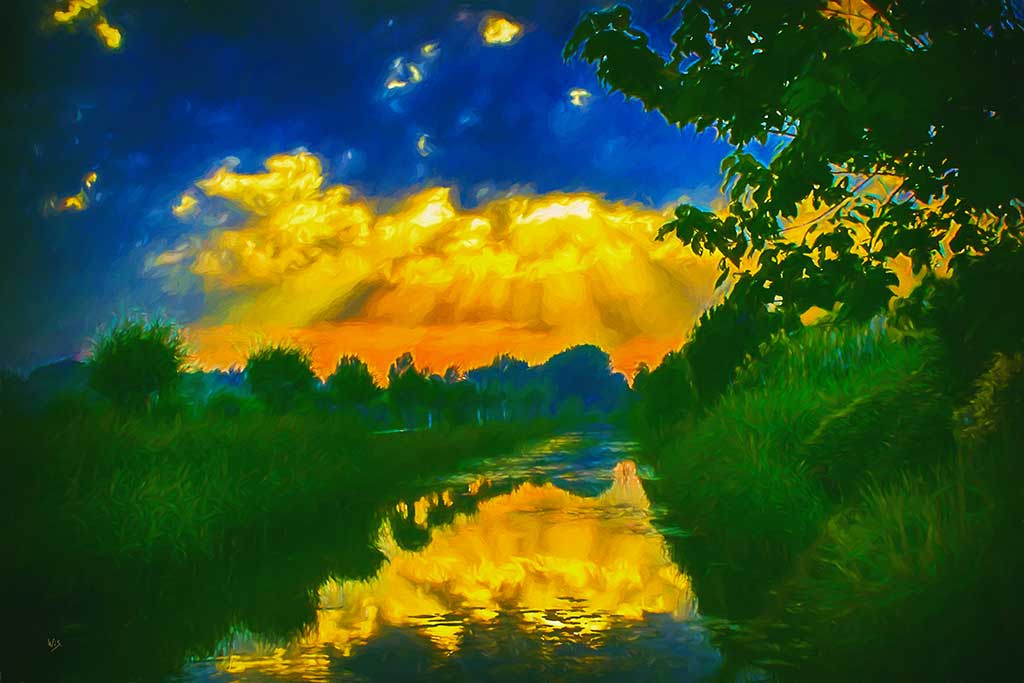 Sunrise landscape, rays, golden clouds reflected in stream surrounded by green trees; deep blue sky above