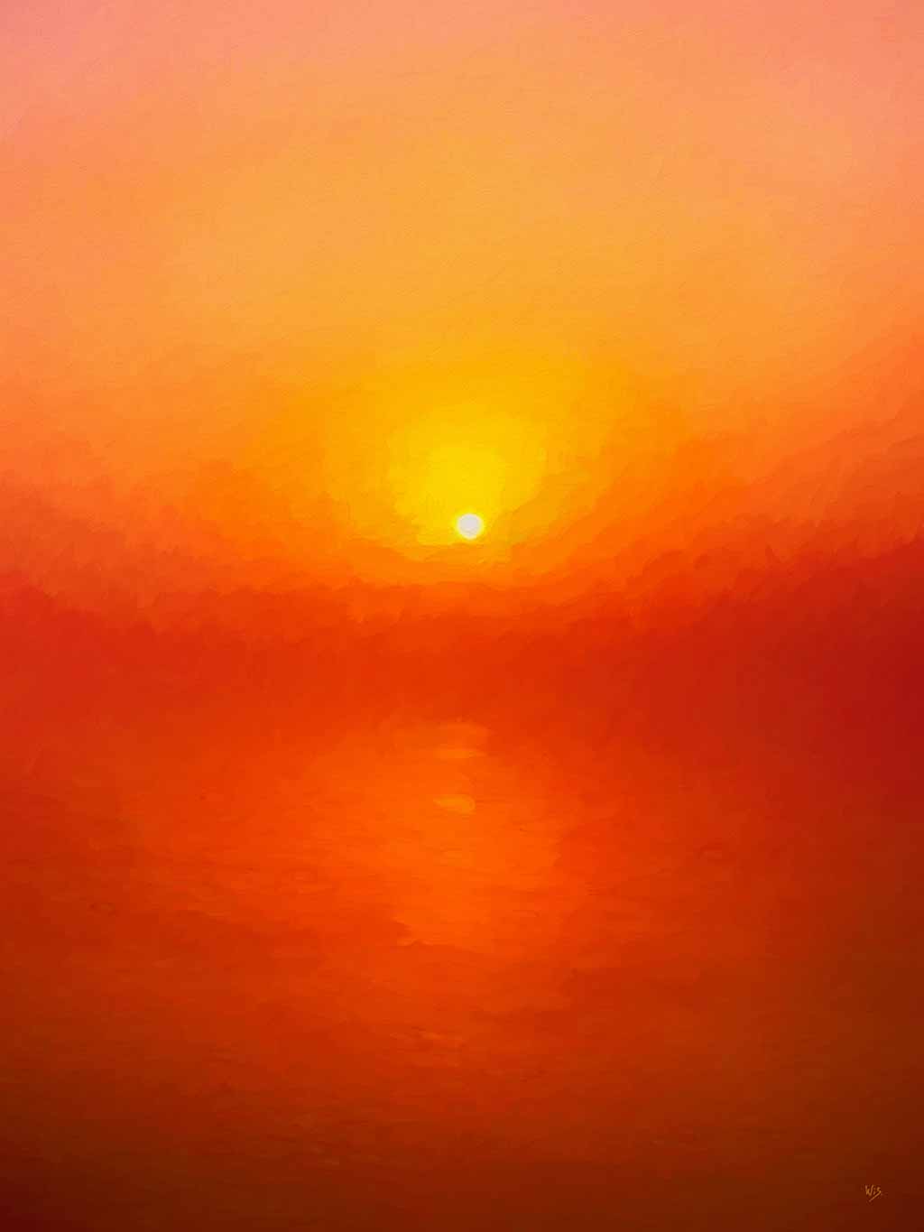 White sun, yellow, orange and red auras fill the painting with their rhythms; by Wiesław Sadurskii