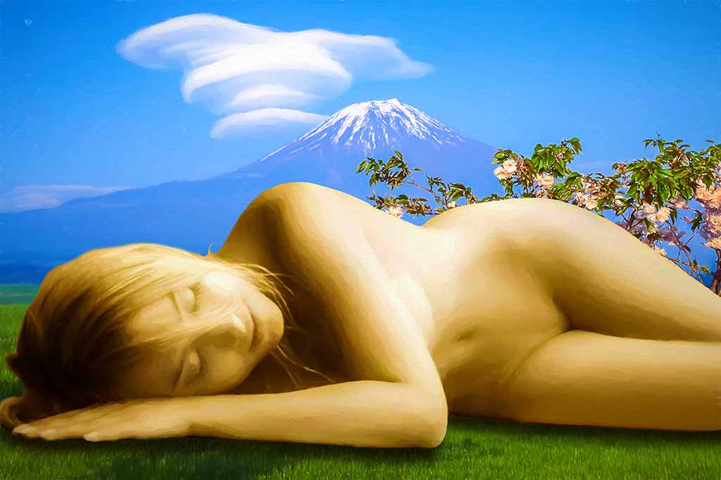 Study of beautiful nude girl sleeping on meadow under blooming tree and volcano; by Wiesław Sadurski