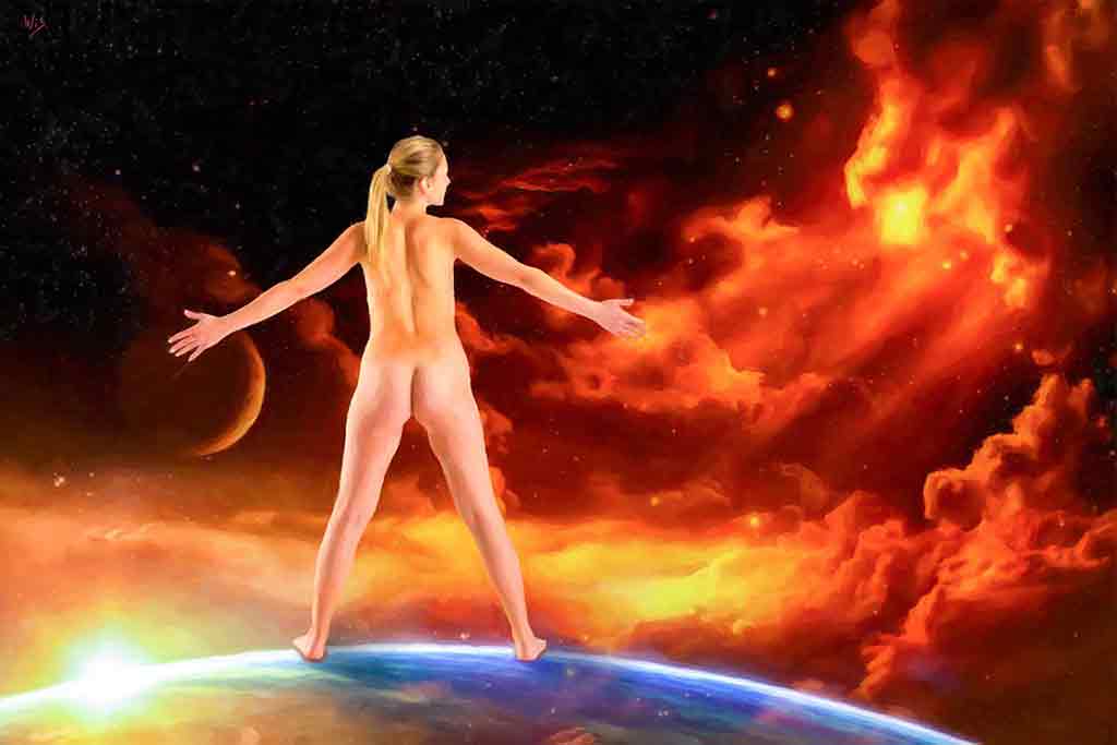 Beautiful nude girl standing on planet horizon, her open arms facing the Universe; by Wiesław Sadurski