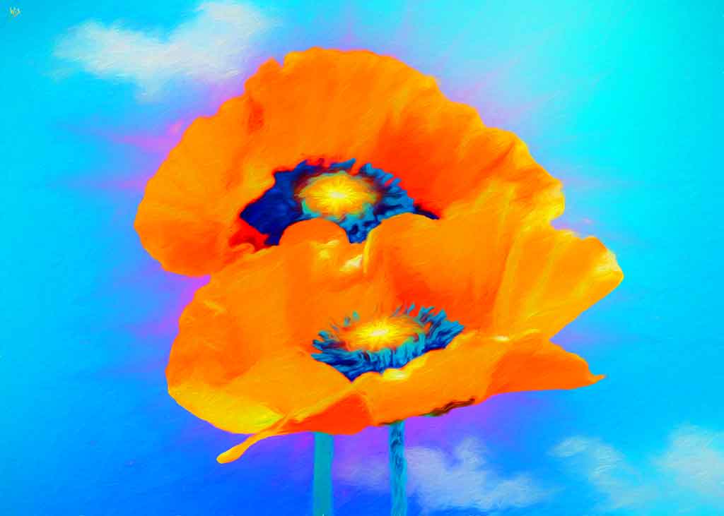 Painting where two large orange poppies have tiny suns within, against blue sky; painting by Wiesław Sadurski.