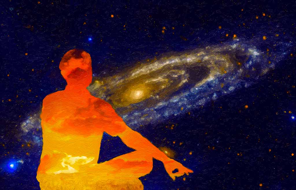 Human silhouette seated in meditation, filled with radiant clouds looks at the spiral galaxy, reflecting cosmic meditation and starry introspection.