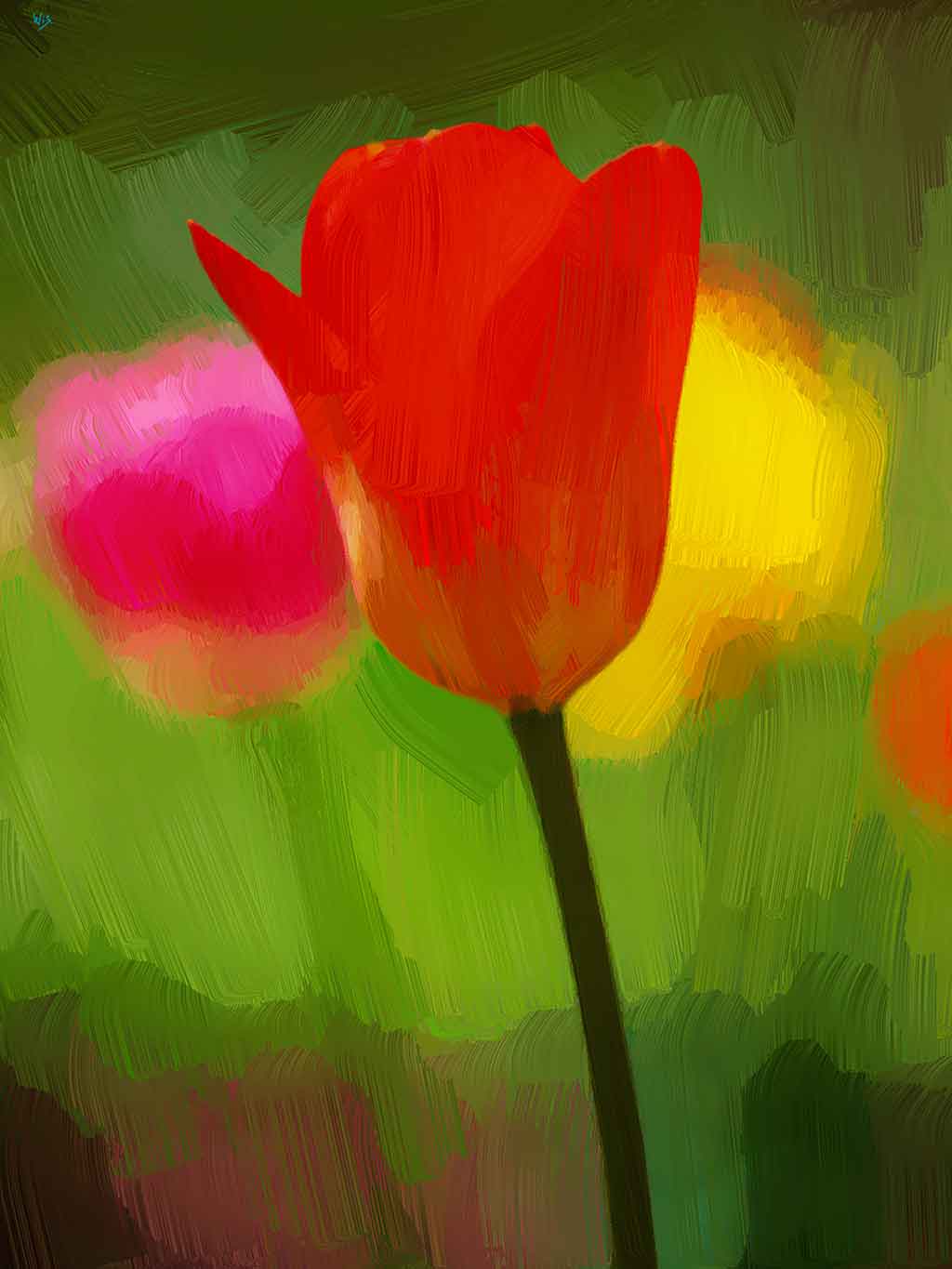 Red and pink tulips, yellow sun painted on a freely green background; on art canvas print.