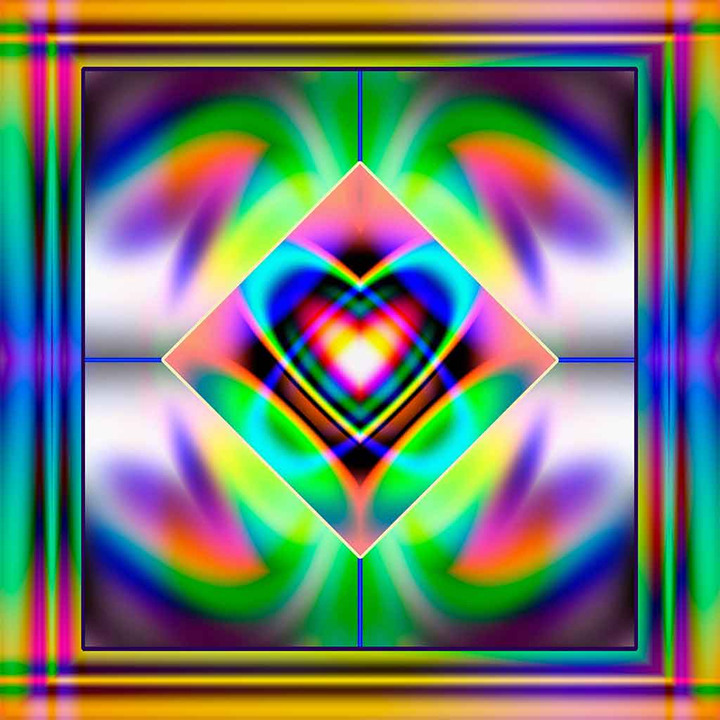 Bright colored heart shape symmetries multiplied in space inside of rainbowy frame