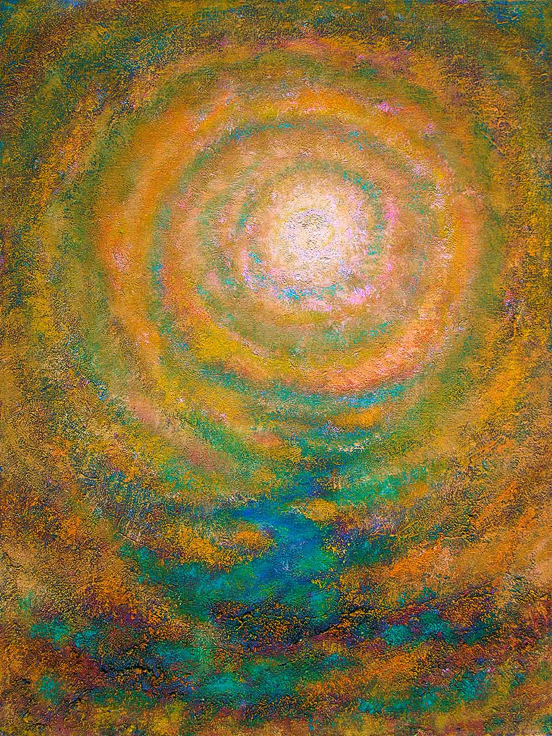 Oil painting 'Aura of the Sun' by Wiesław Sadurski, showcasing golden rings amidst green landscapes encircling a sun motif.