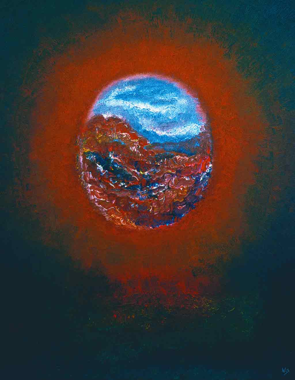 Oil painting titled 'Brahma Egg' by Wiesław Sadurski, depicting an egg-shaped landscape in vibrant red and green auras.