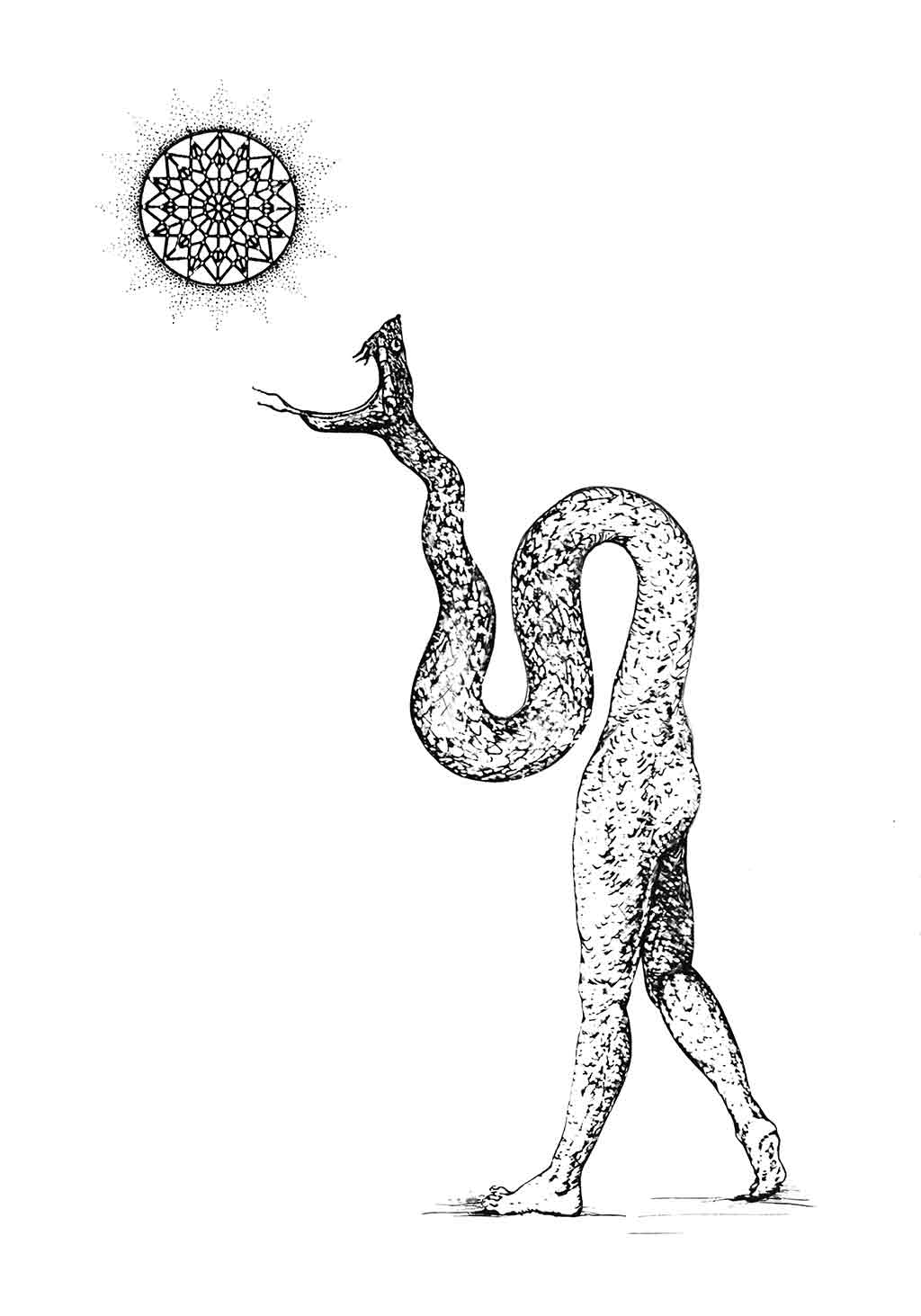 Man‘s body forward, above hips turns into powerful snake, opening snout towards sun-tantra above; Wiesław Sadurski