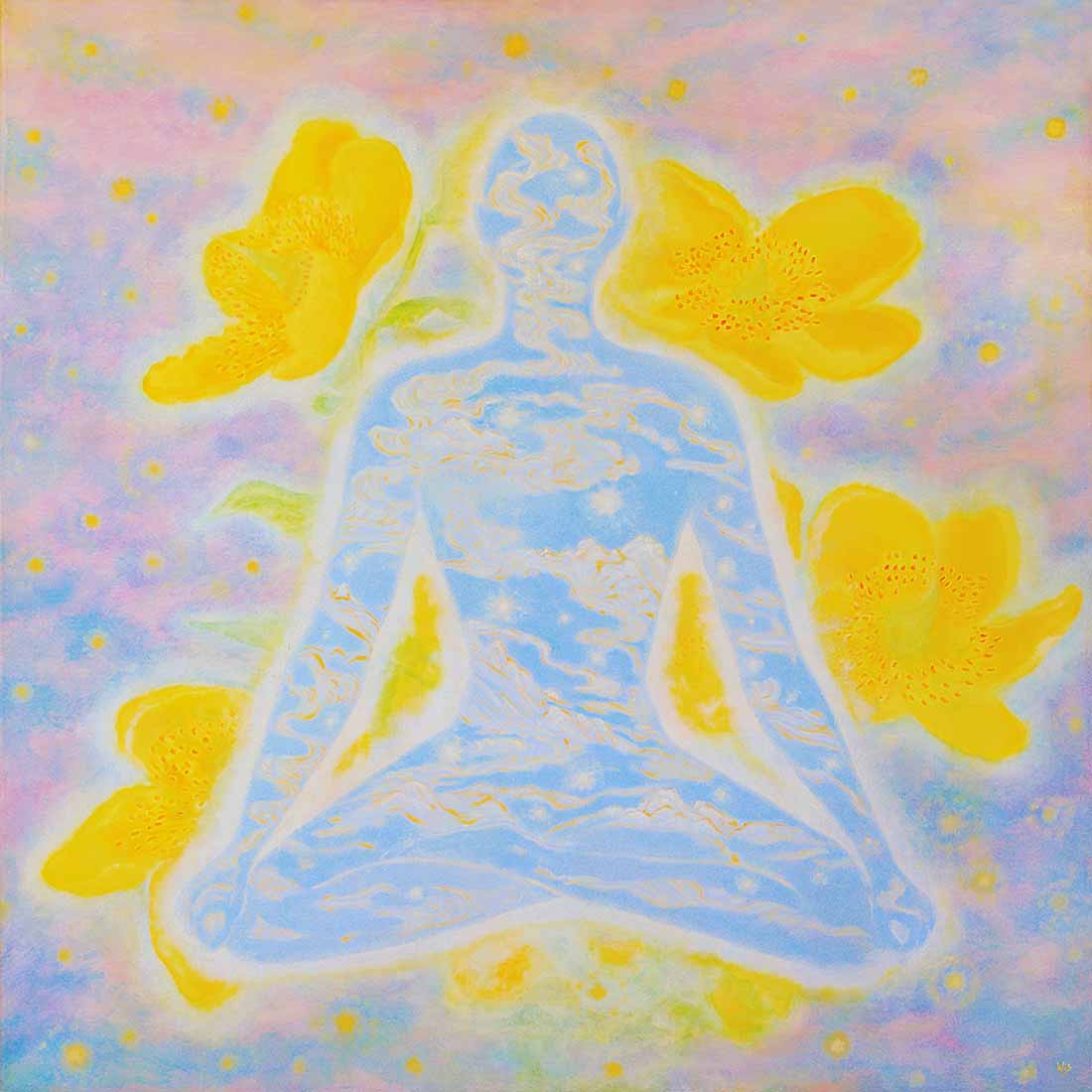 This painting, 'All is Transparent Mr. Buddha,' features Lord Buddha among yellow flowers with landscapes, skies, and stars forming inside his silhouette.