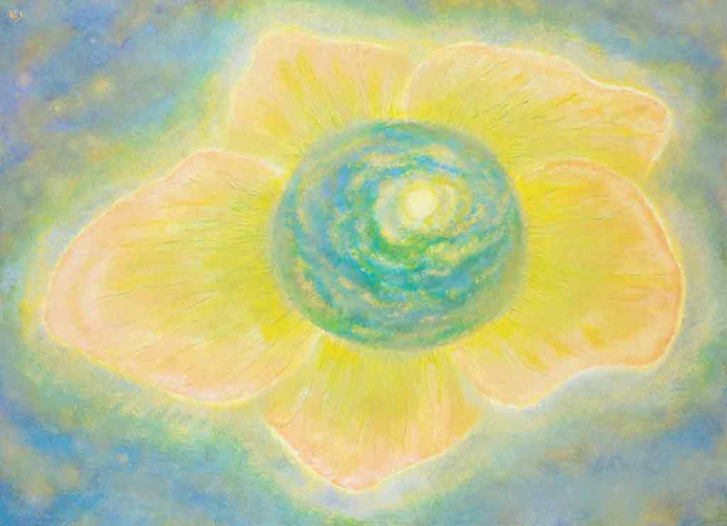 The 'Flower of May' painting depicts a celestial yellow flower in the sky, centered within a circular frame of sun and sky.