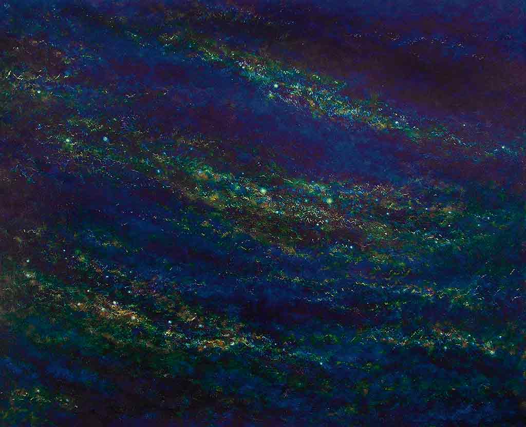 Dark blue space, stardust crystallizes into landscape thickets, shining with stars; oil painting by Wiesław Sadurski