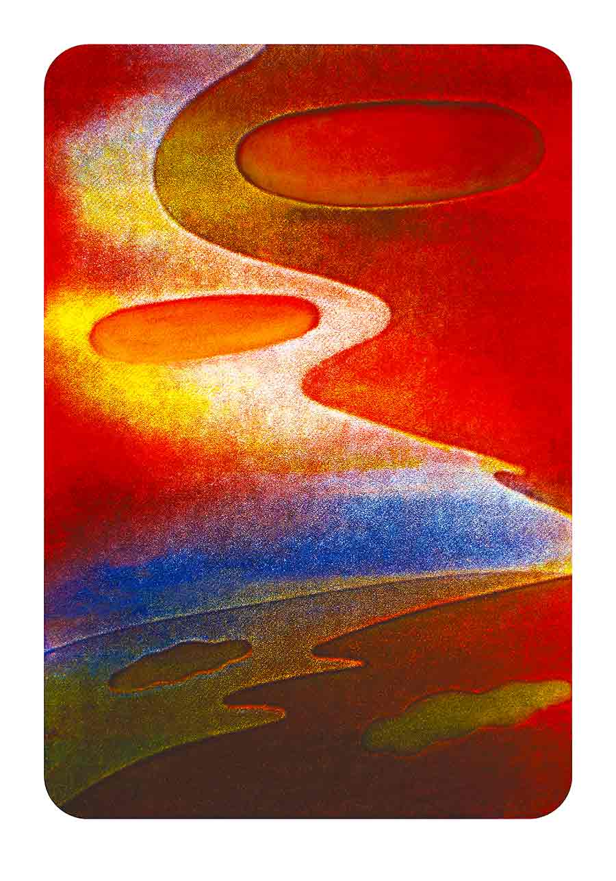 Wavy lines dot print-painting multi-layer colors;  the planet's horizon below, wing reflection above, by Wiesław Sadurski