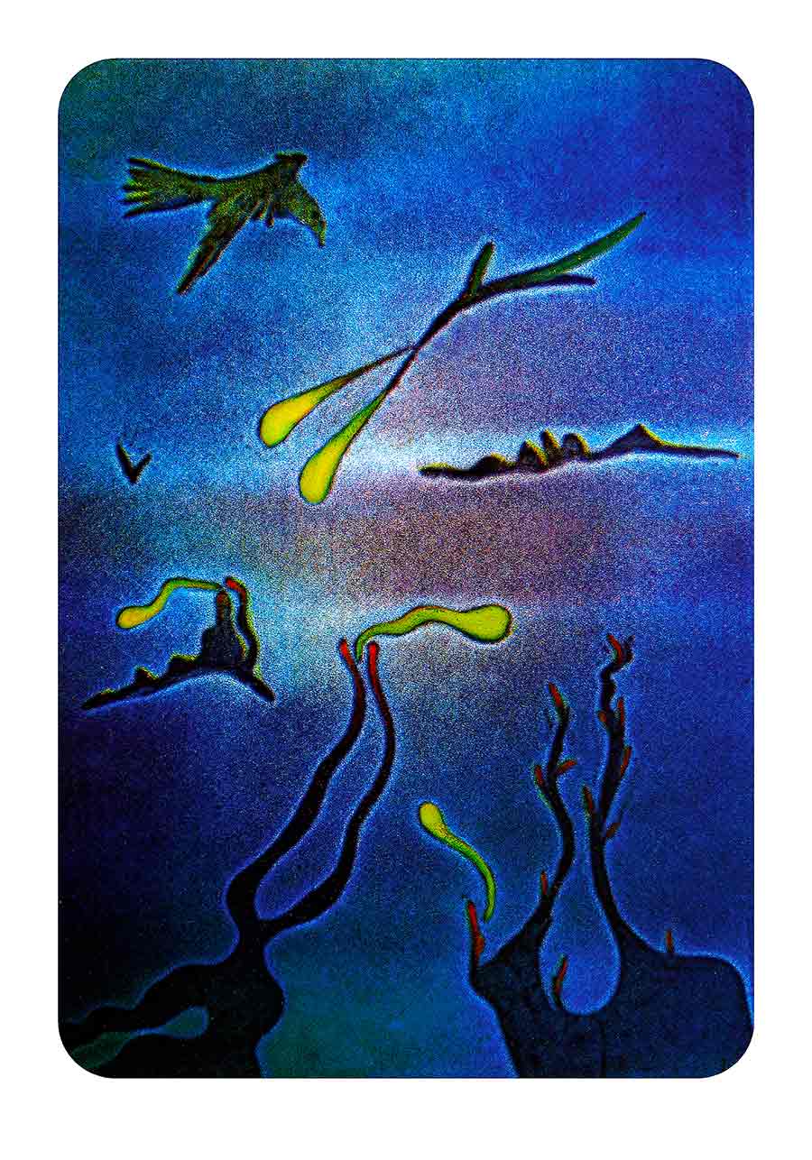 Bird and plant-like shapes; intensive blue space painted in many-layered puentylistic colors; print-painting by Wiesław Sadurski