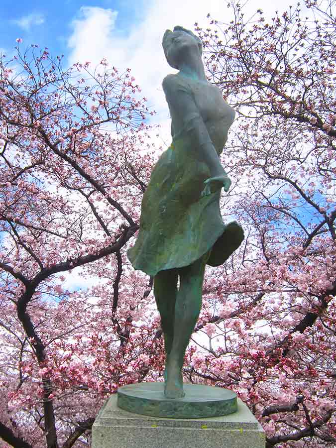 Girl statue against flowering Botanic Garden Kyoto, photo by Wiesław Sadurski